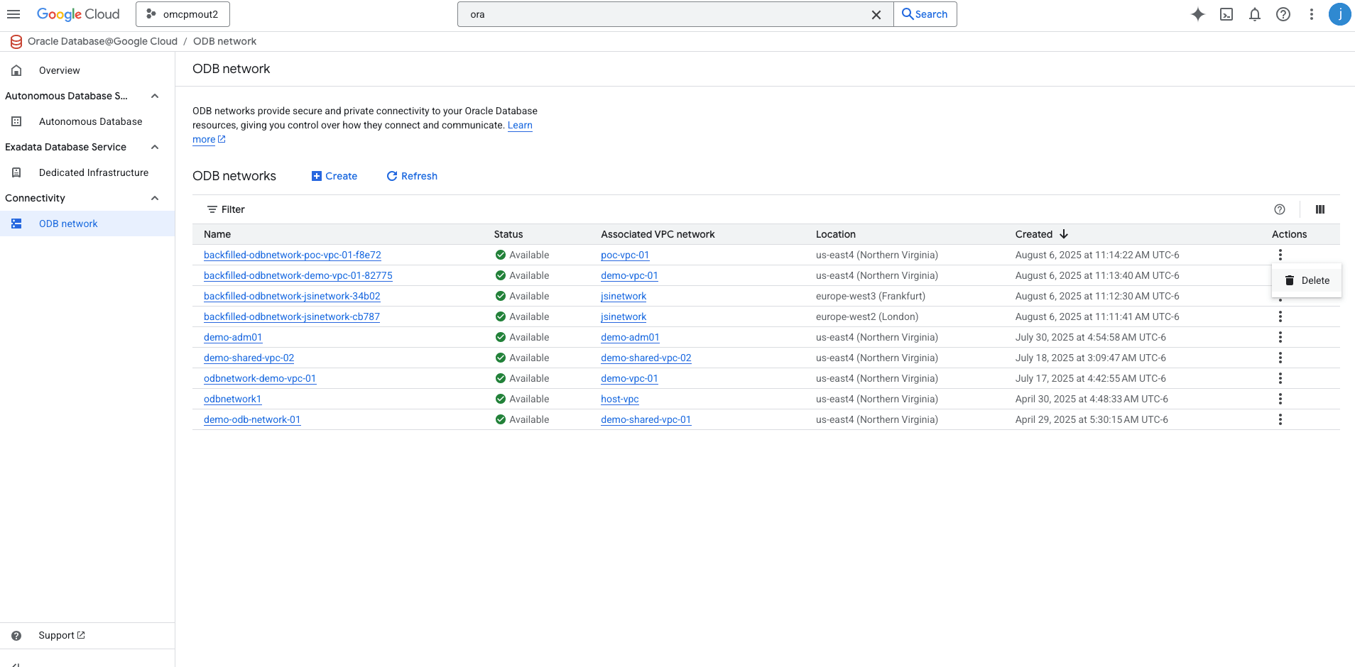 A screenshot showing the deletion of an ODB network.