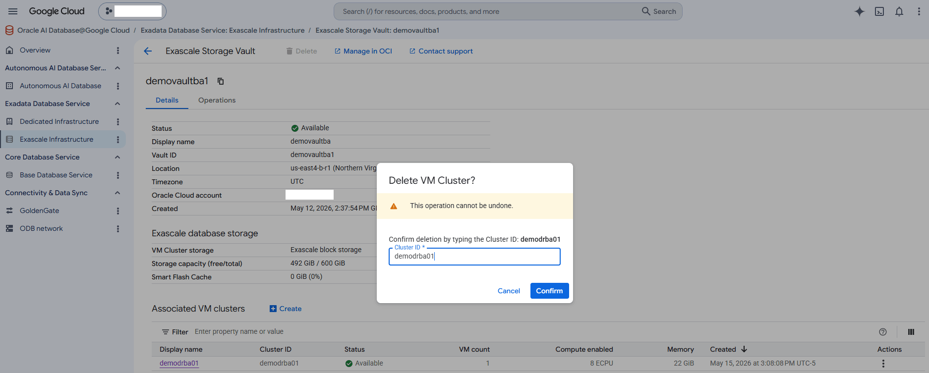 This screenshot shows how to delete an Exascale Storage Vault. This screenshot shows how to delete an Exascale Storage Vault.