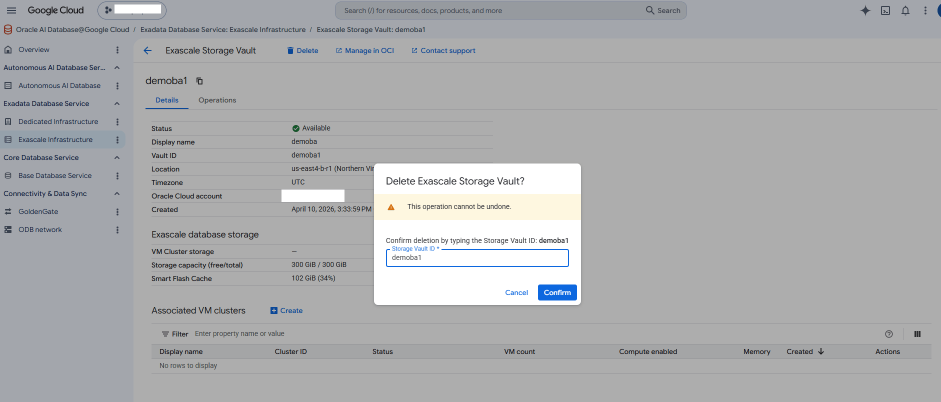This screenshot shows how to delete an Exascale Storage Vault. This screenshot shows how to delete an Exascale Storage Vault.