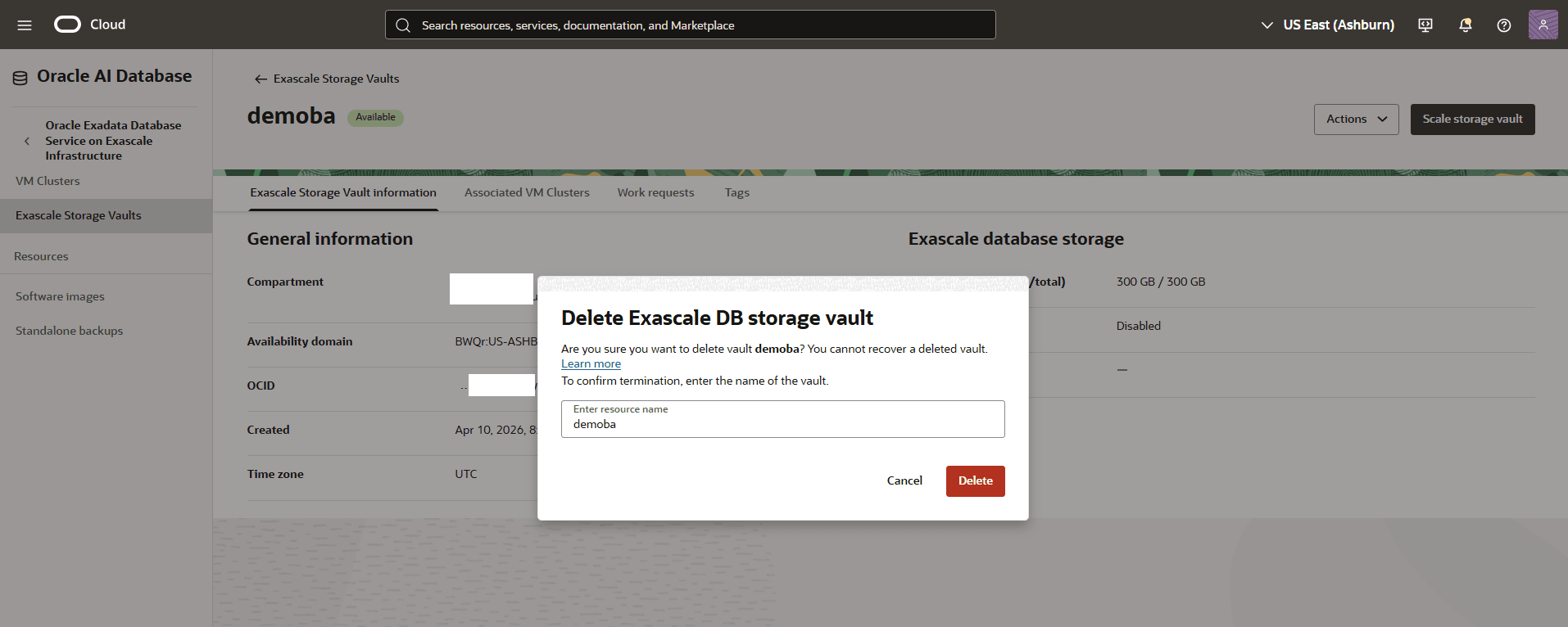 This screenshot shows how to delete an Exascale Storage Vault. This screenshot shows how to delete an Exascale Storage Vault.