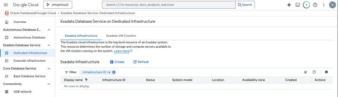 A screenshot of the Exadata Infrastructure list. A screenshot of the Exadata Infrastructure list.