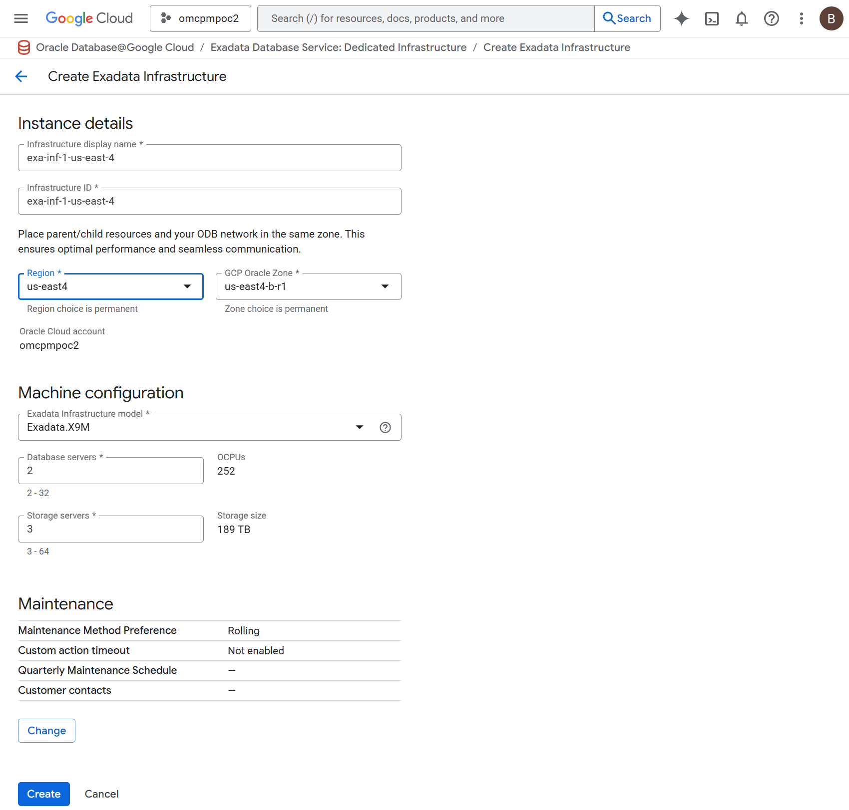 A screenshot of the Exadata Infrastructure creation details. A screenshot of the Exadata Infrastructure creation details.