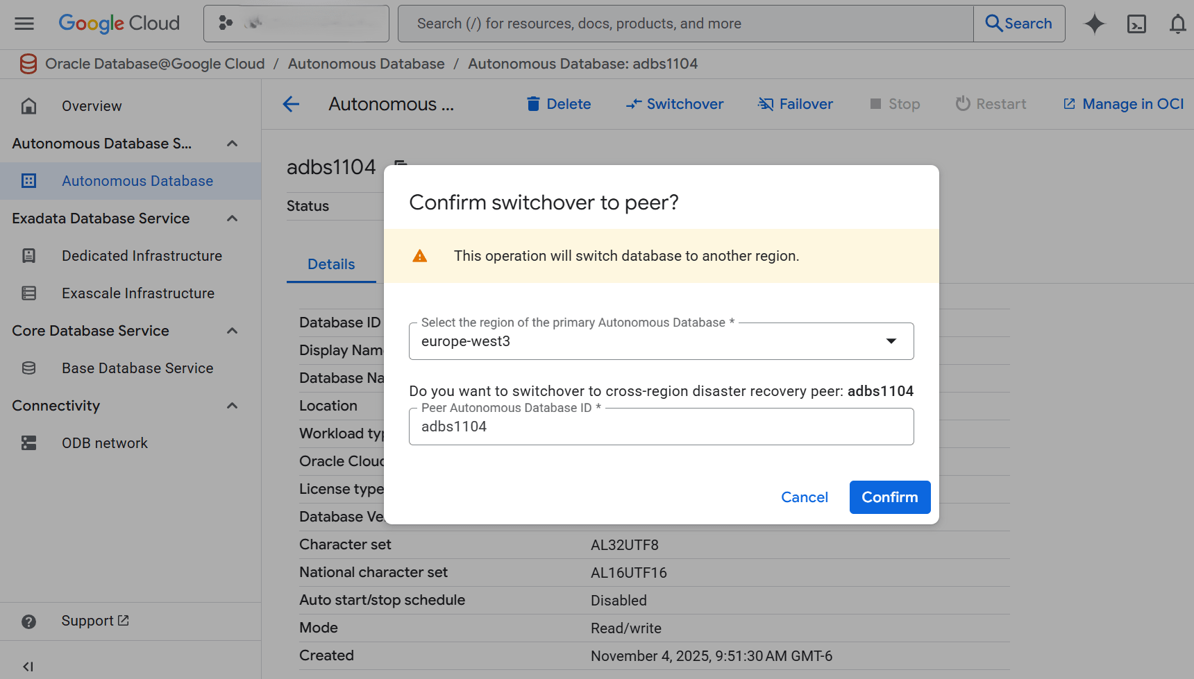 This screenshot shows how to perform a switchover.