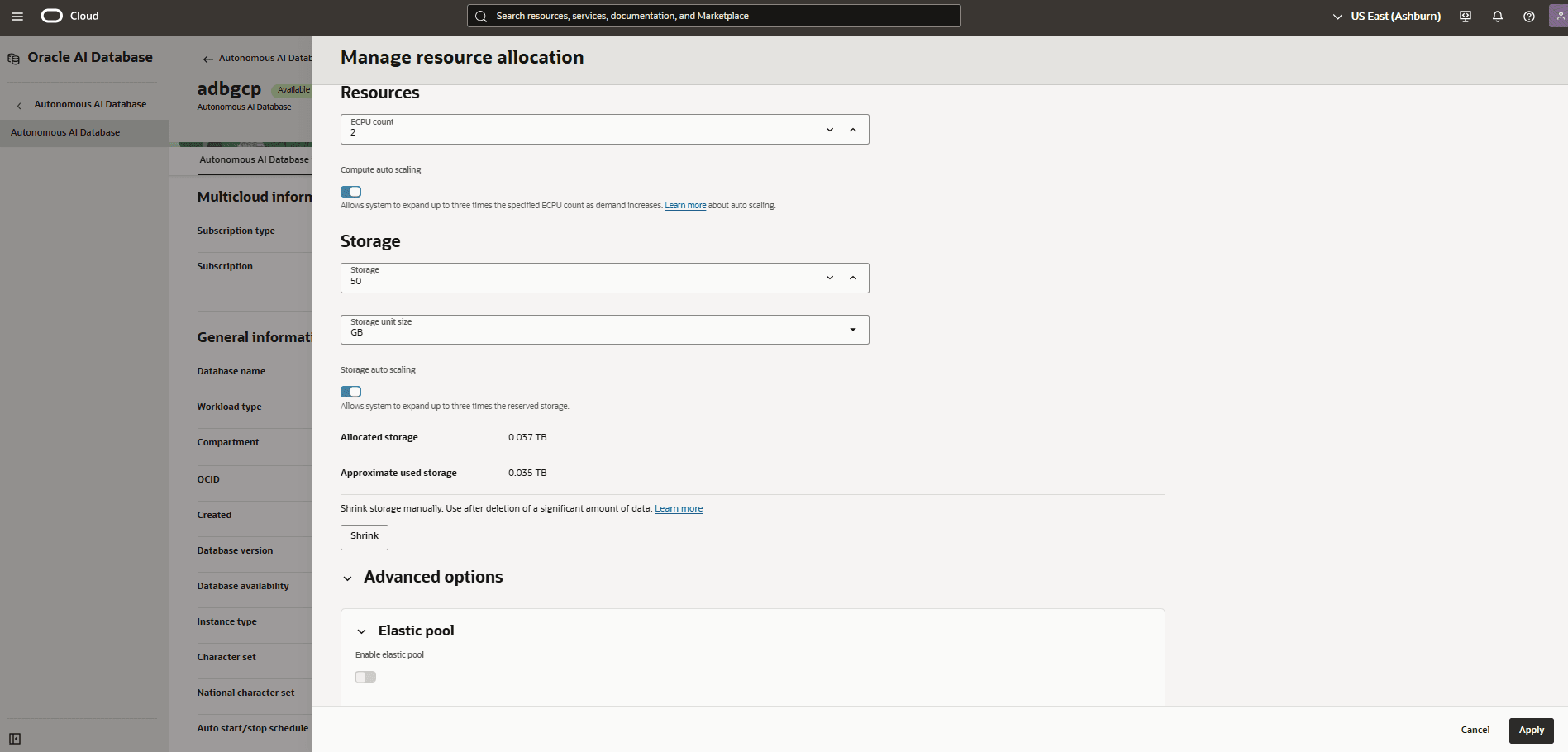 The screenshot shows the steps to modify an Autonomous AI Database.