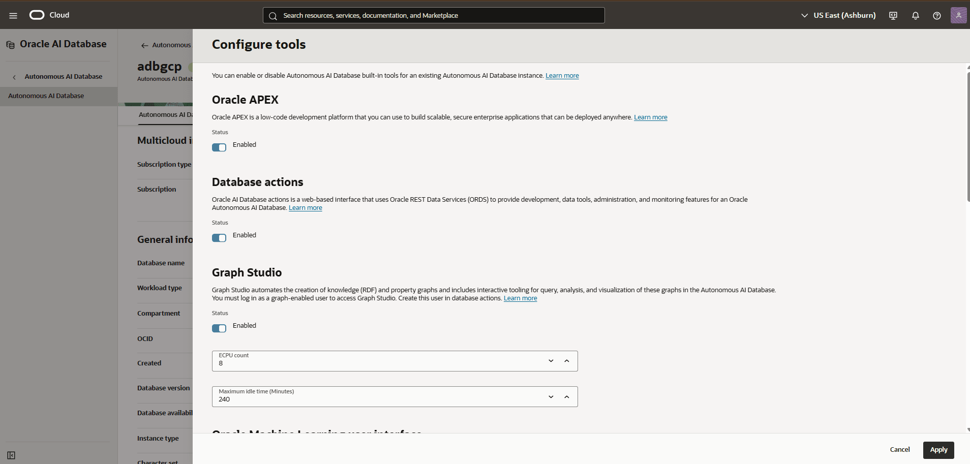 The screenshot shows the steps to modify an Autonomous AI Database.