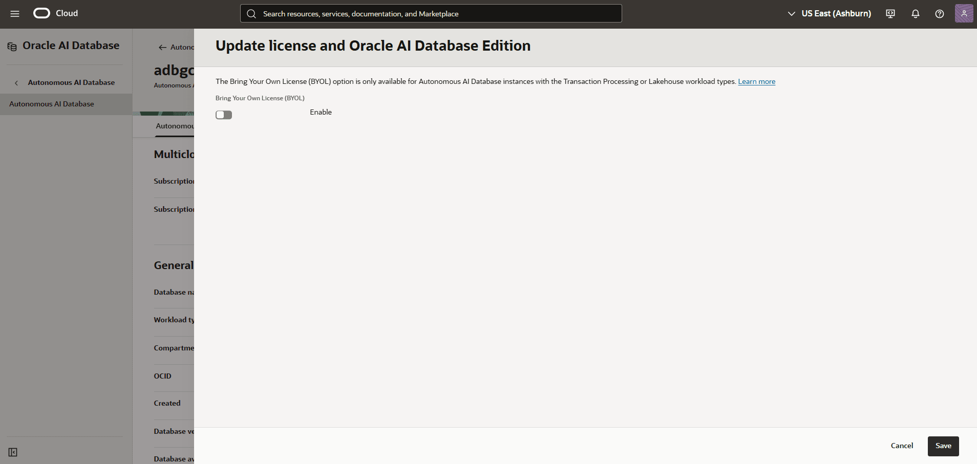 The screenshot shows the steps to modify an Autonomous AI Database.