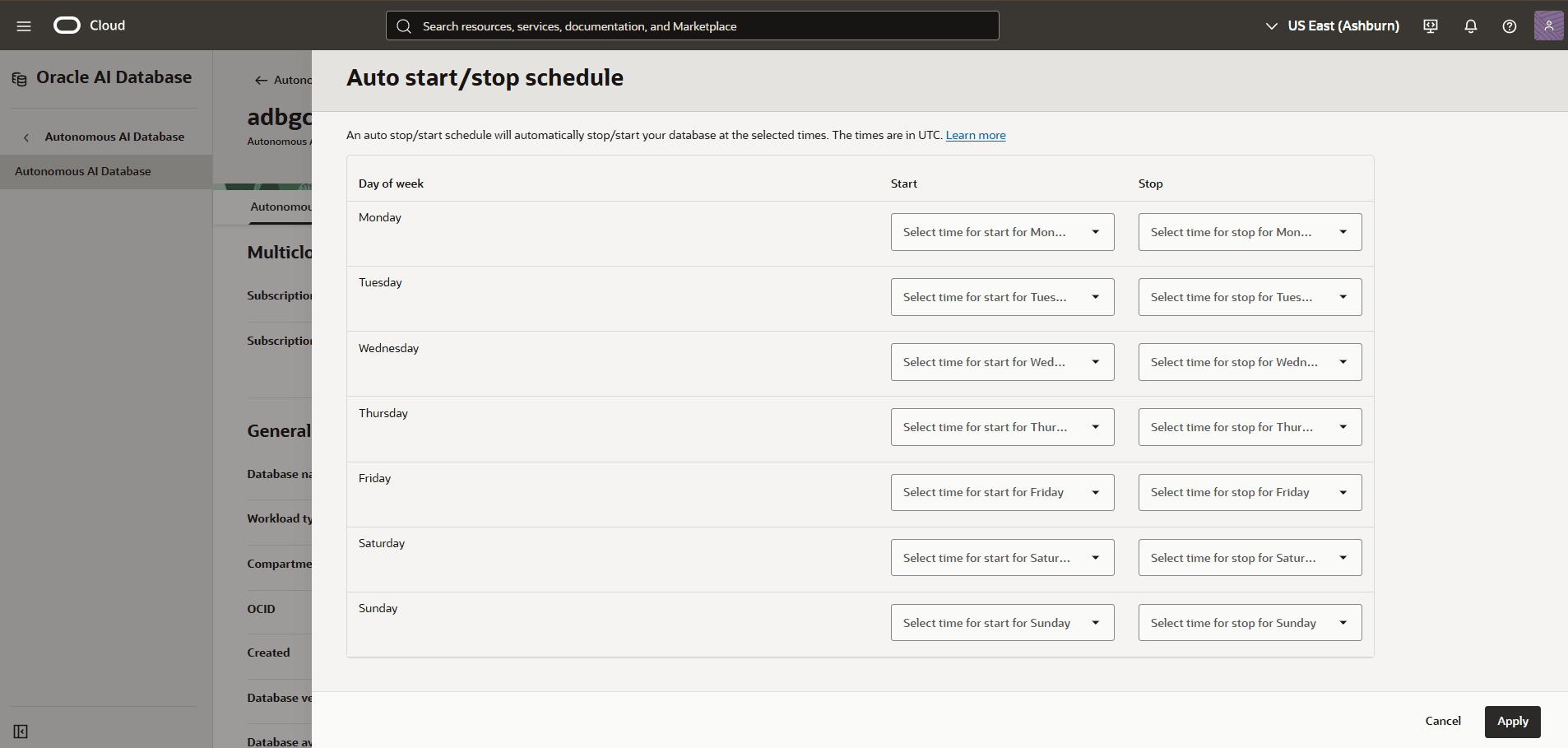 The screenshot shows the steps to modify an Autonomous AI Database.
