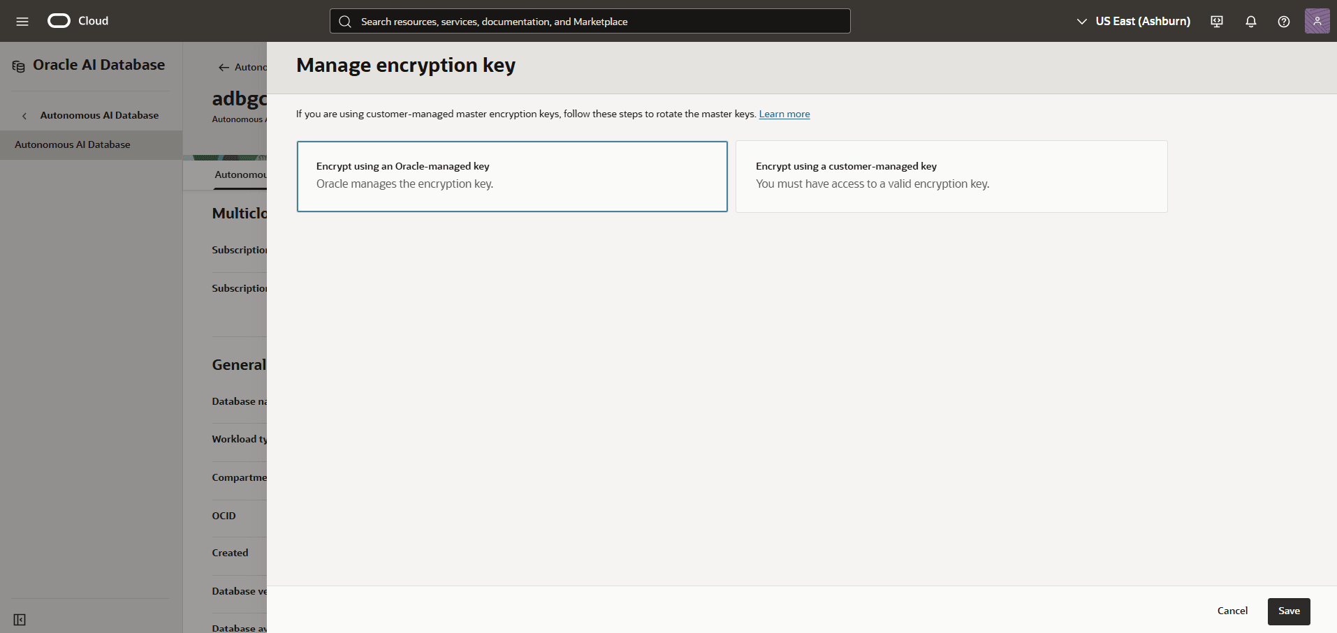 The screenshot shows the steps to modify an Autonomous AI Database.