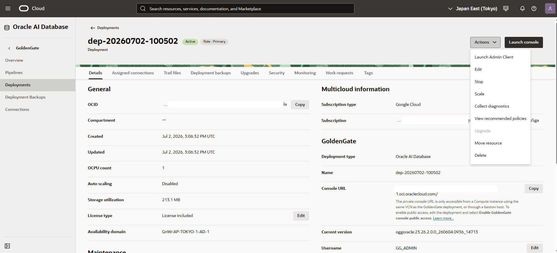 This screenshot shows how to modify a GoldenGate deployment.