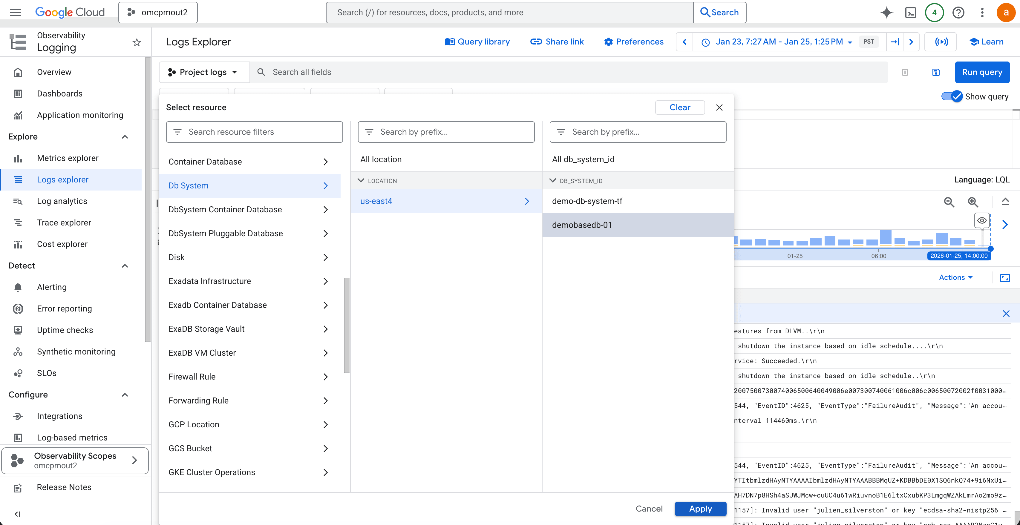 This screenshot shows how to select resource.