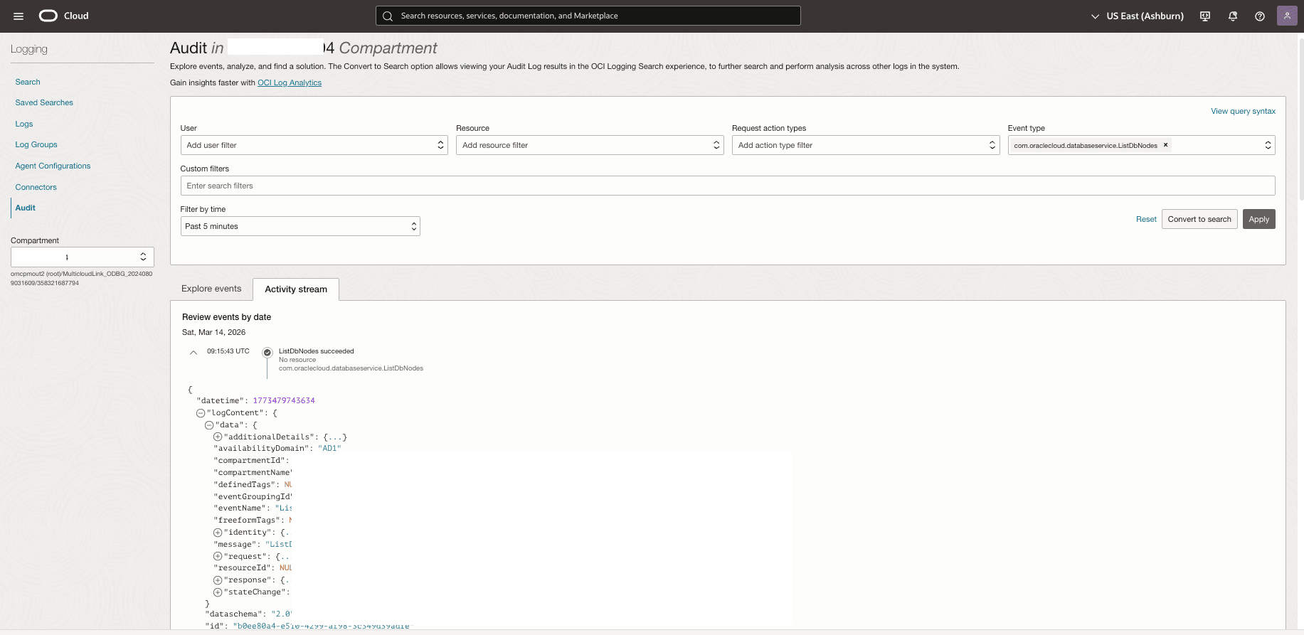 This screenshot shows how to audit activity stream.