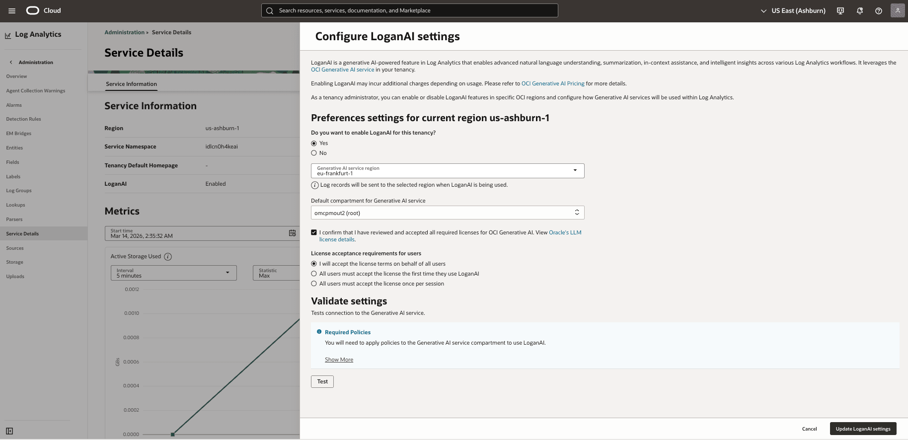This screenshot shows how to configure LoganAI settings.