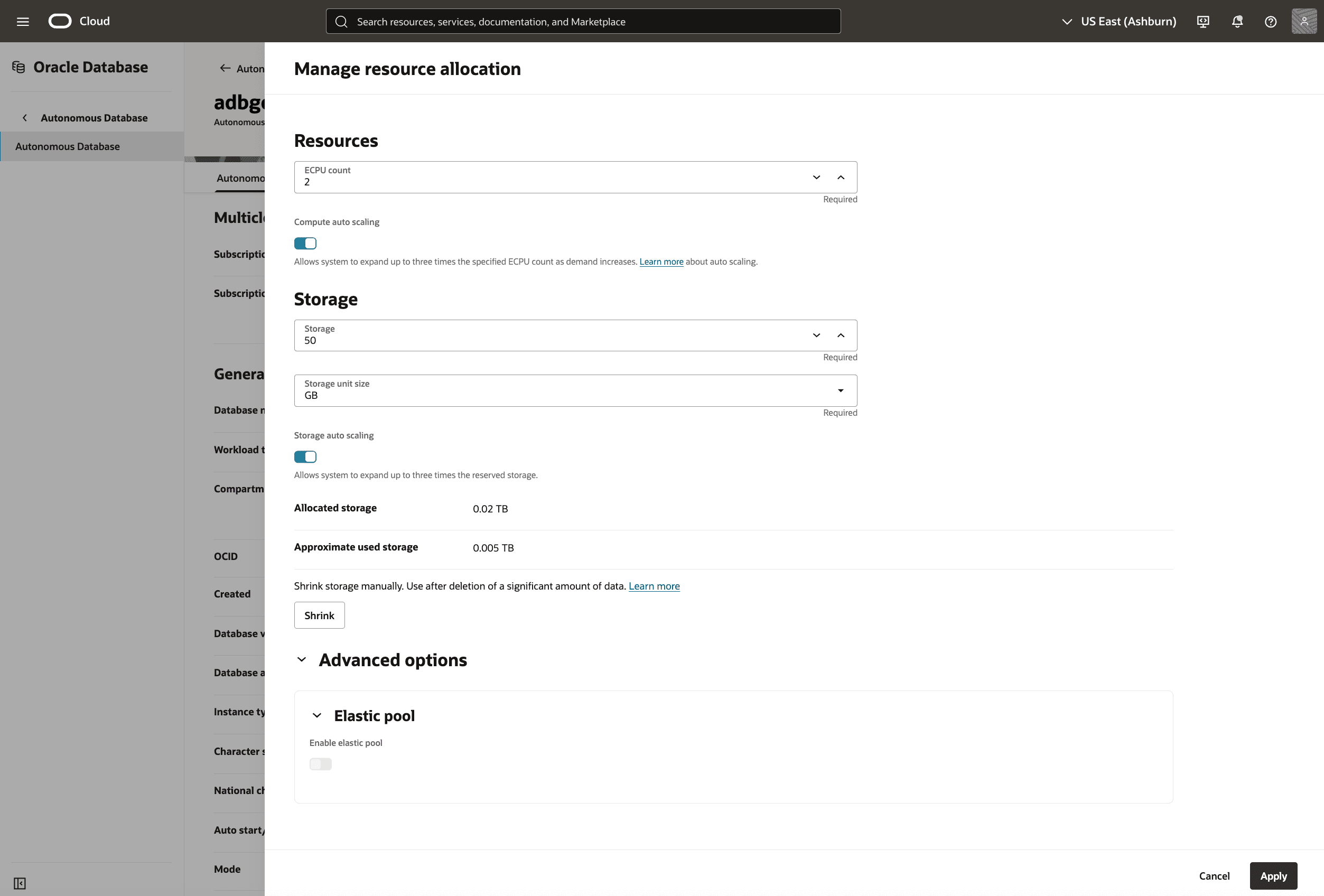 A screenshot of modifying the Autonomous Database process. A screenshot of modifying the Autonomous Database process.