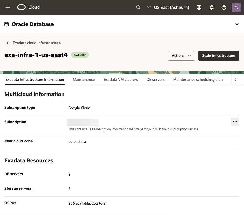 A screenshot of modifying the Exadata Infrastructure process. A screenshot of modifying the Exadata Infrastructure process.
