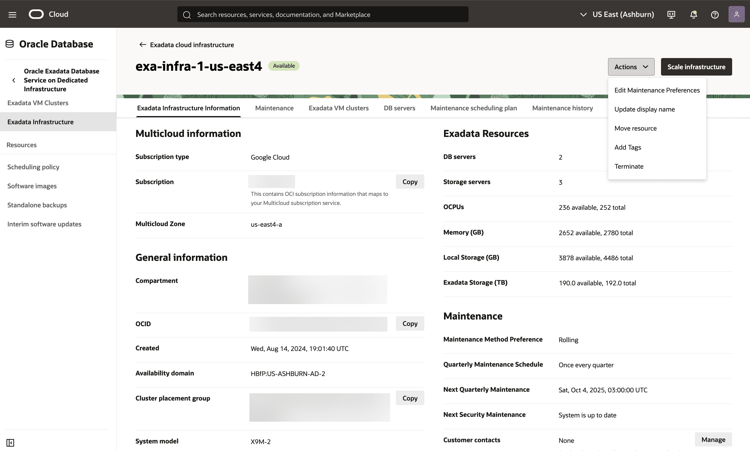 A screenshot of modifying the Exadata Infrastructure process. A screenshot of modifying the Exadata Infrastructure process.
