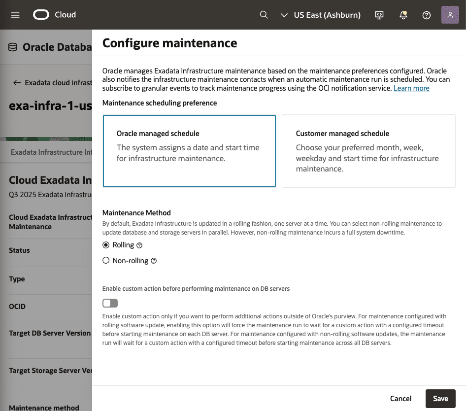 A screenshot of modifying the Exadata Infrastructure process. A screenshot of modifying the Exadata Infrastructure process.
