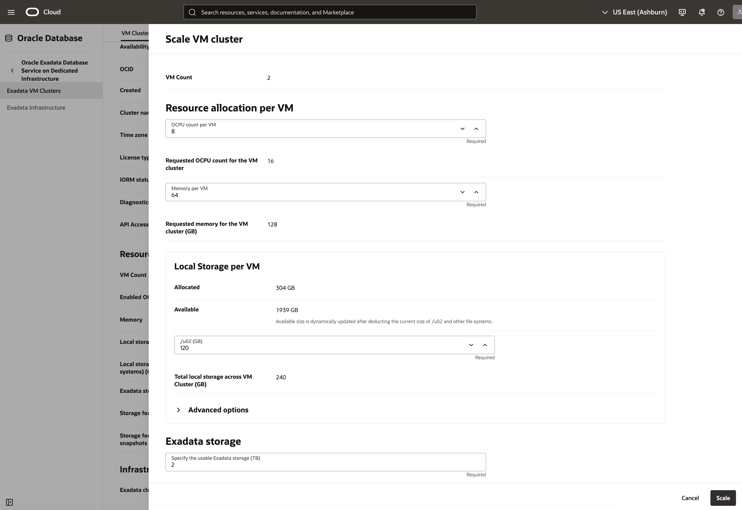 A screenshot of modifying the Exadata VM cluster process. A screenshot of modifying the Exadata VM cluster process.