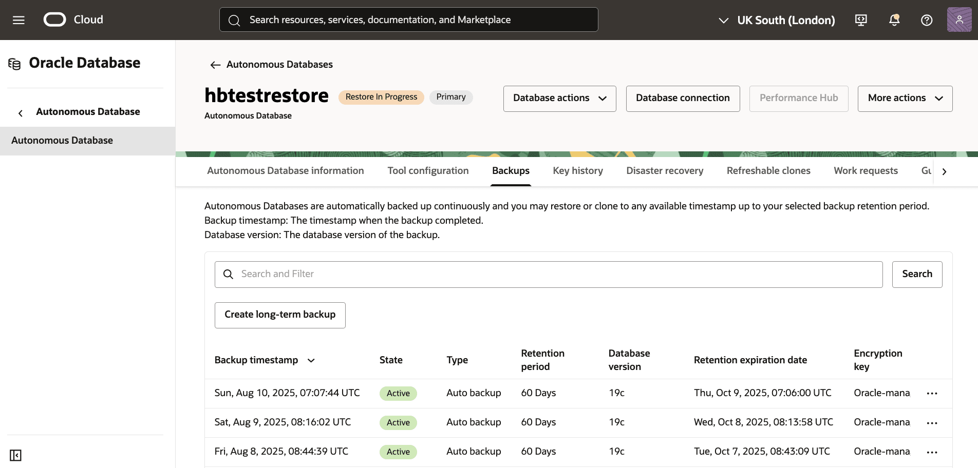 A screenshot of the Autonomous Database restore process.