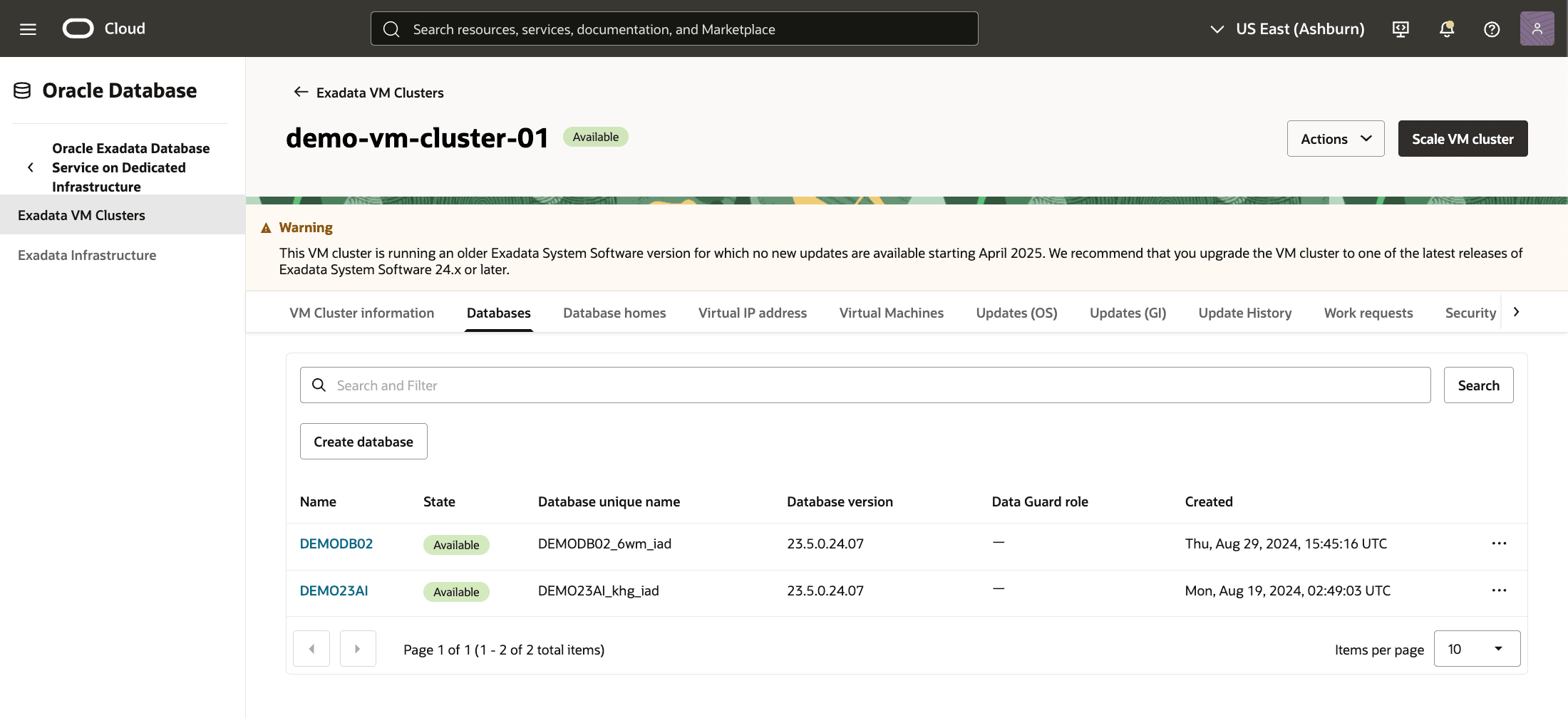 A screenshot showing the Exadata Database restore process.
