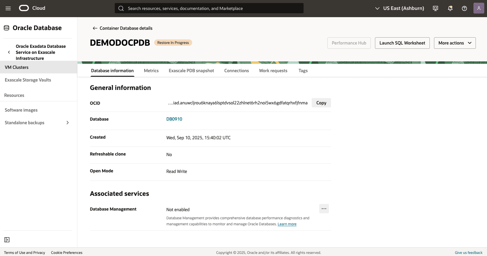 A screenshot of the Pluggable Database (PDB) Point-in-Time Restores. A screenshot of the Pluggable Database (PDB) Point-in-Time Restores.