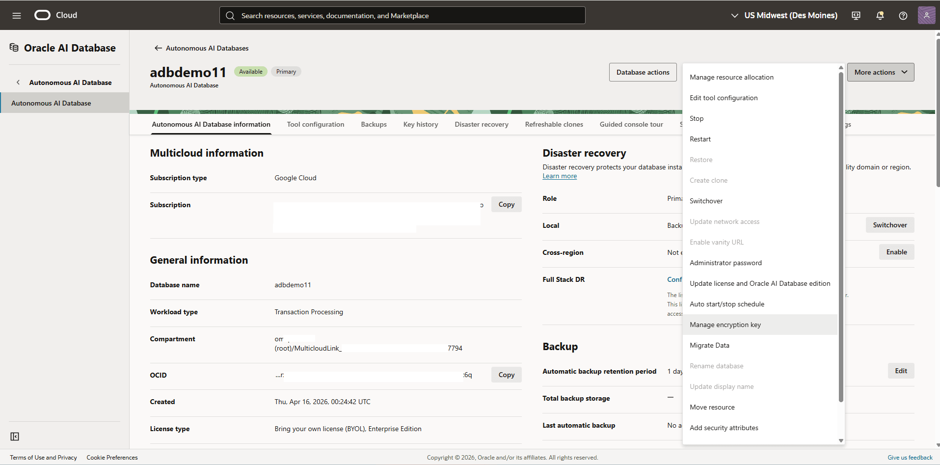 This screenshot shows how to change key management.