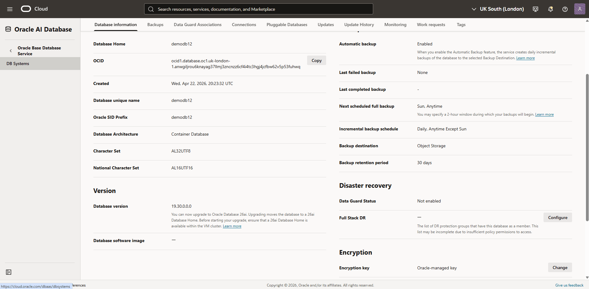 This screenshot shows key management information.