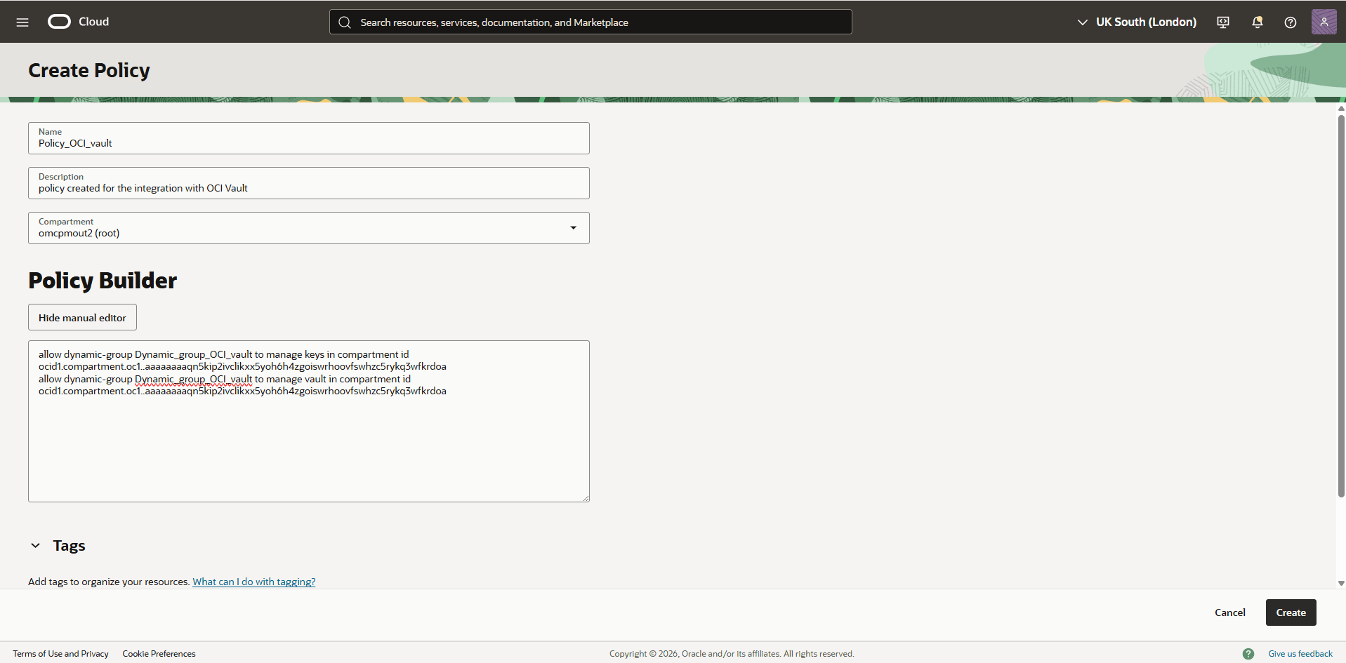 This screenshot shows how to create a policy.