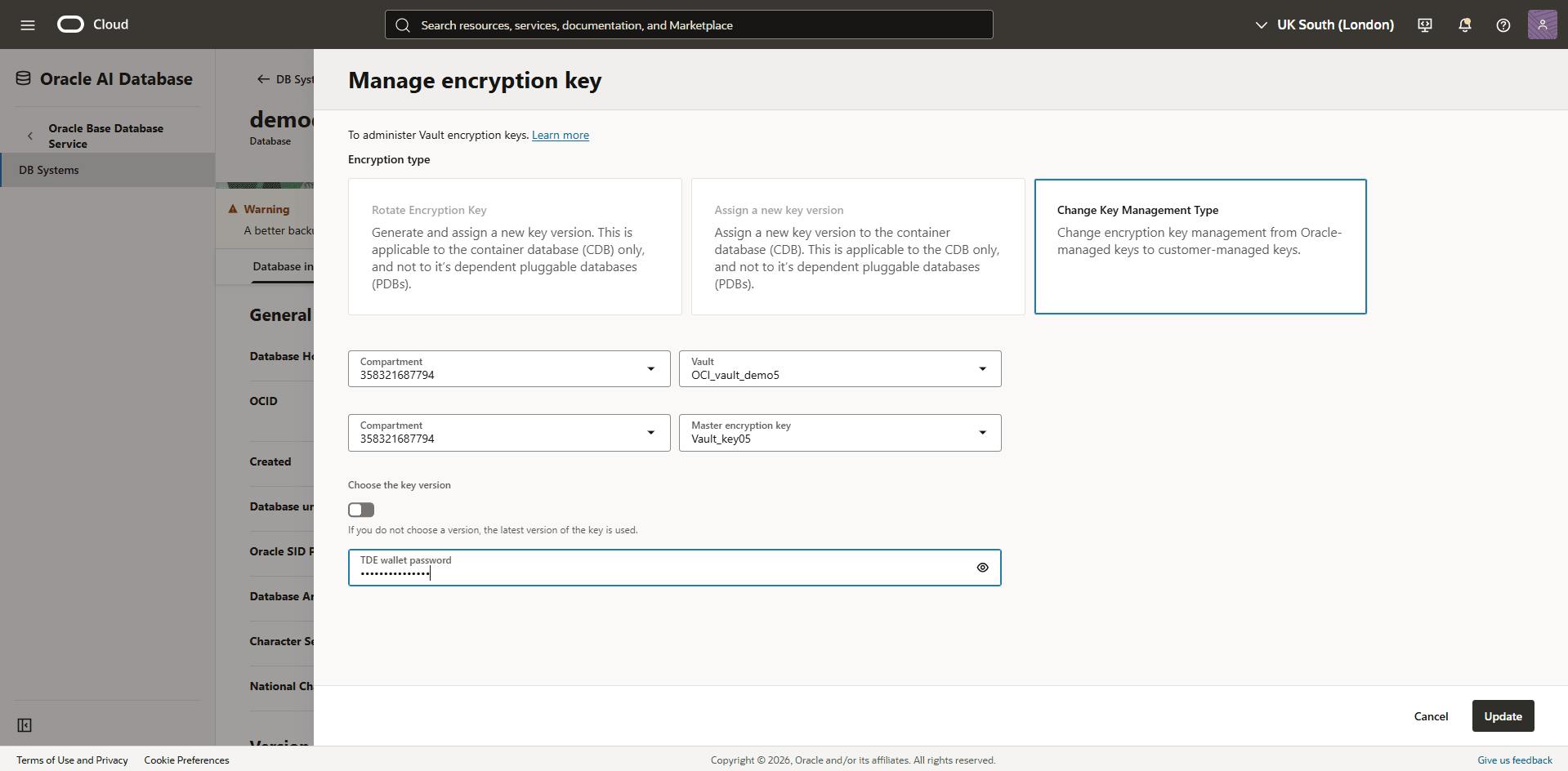 This screenshot shows how to change key management.