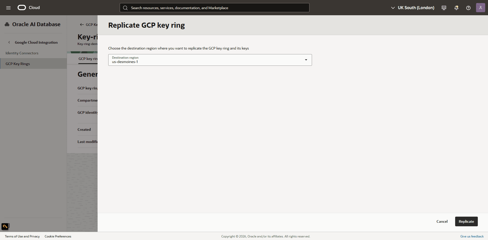 This screenshot shows how to replicate GCP key ring.