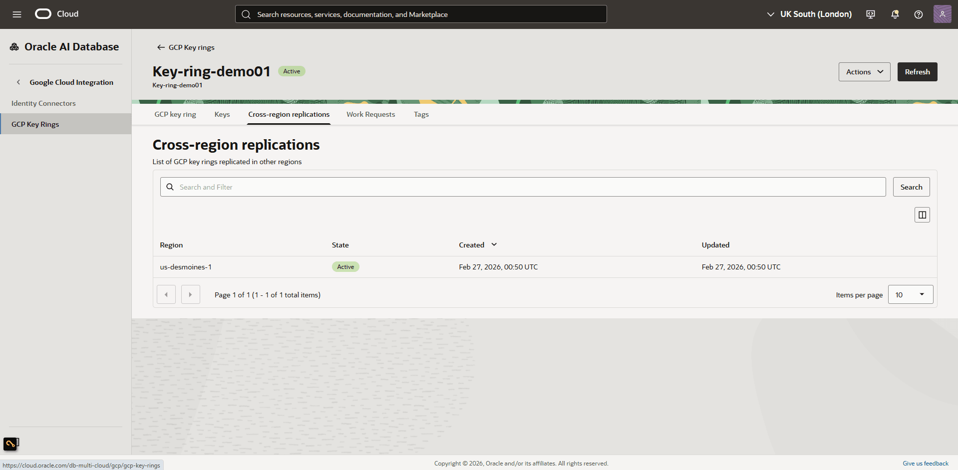 This screenshot shows how to replicate GCP key ring.
