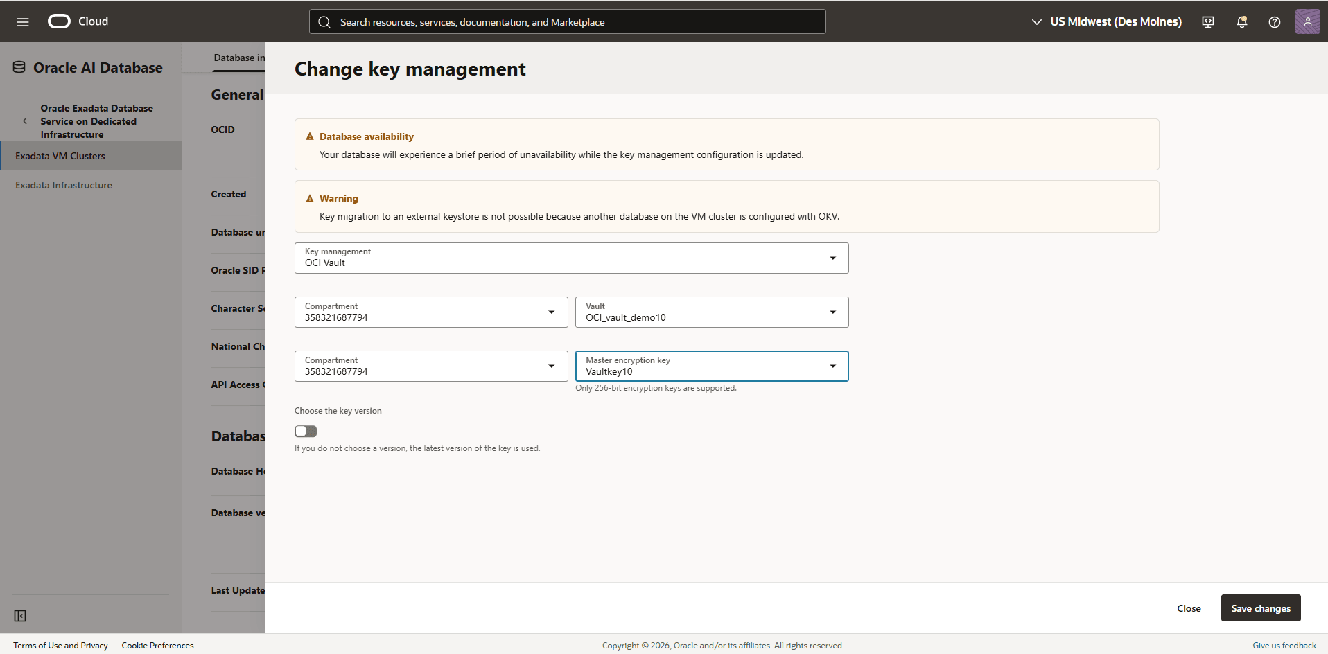 This screenshot shows how to change key management.