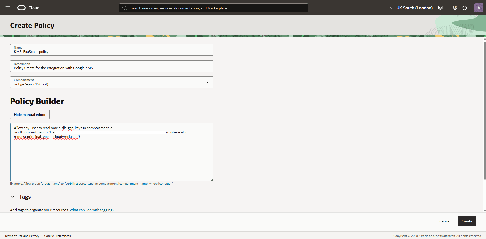 This screenshot shows how to create a policy.