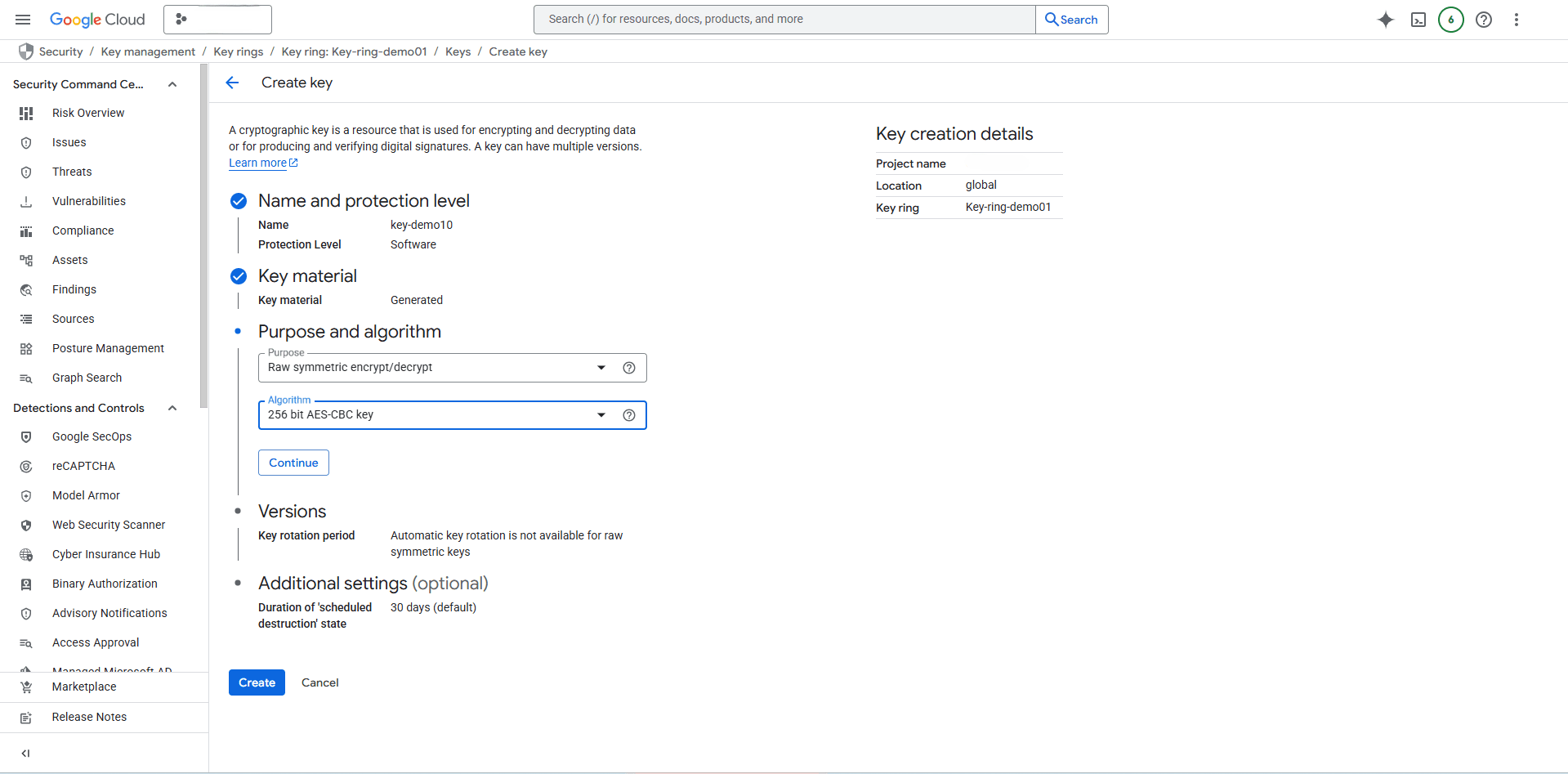 This screenshot shows how to create a key.