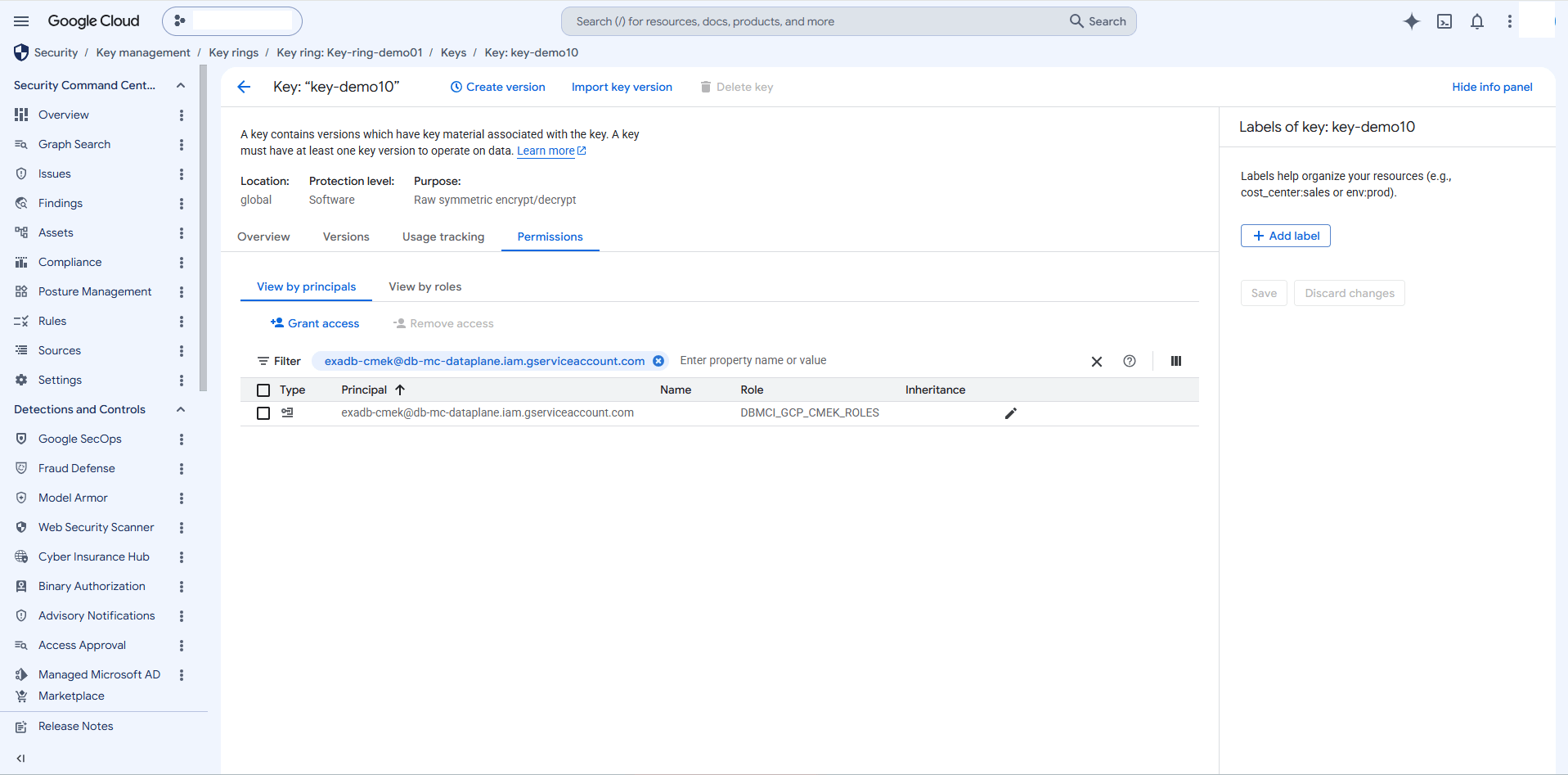 This screenshot shows how to grant Permissions in Google Cloud KMS.