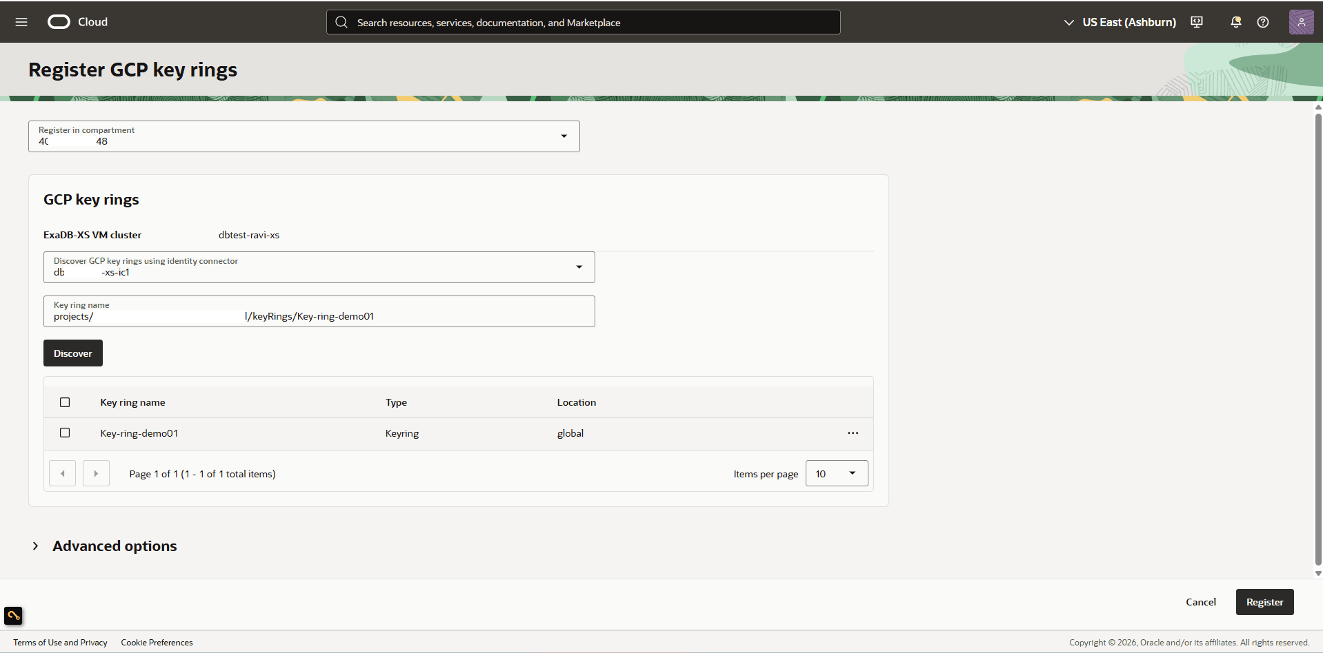 This screenshot shows how to register Google Cloud Key Ring