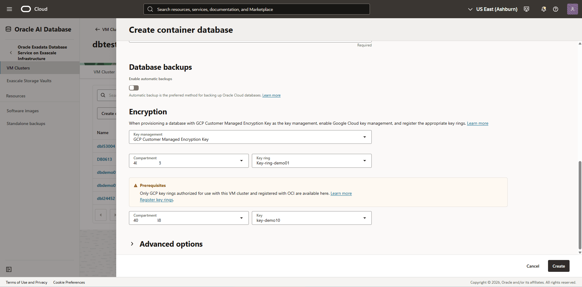 This screenshot shows how to create container database.