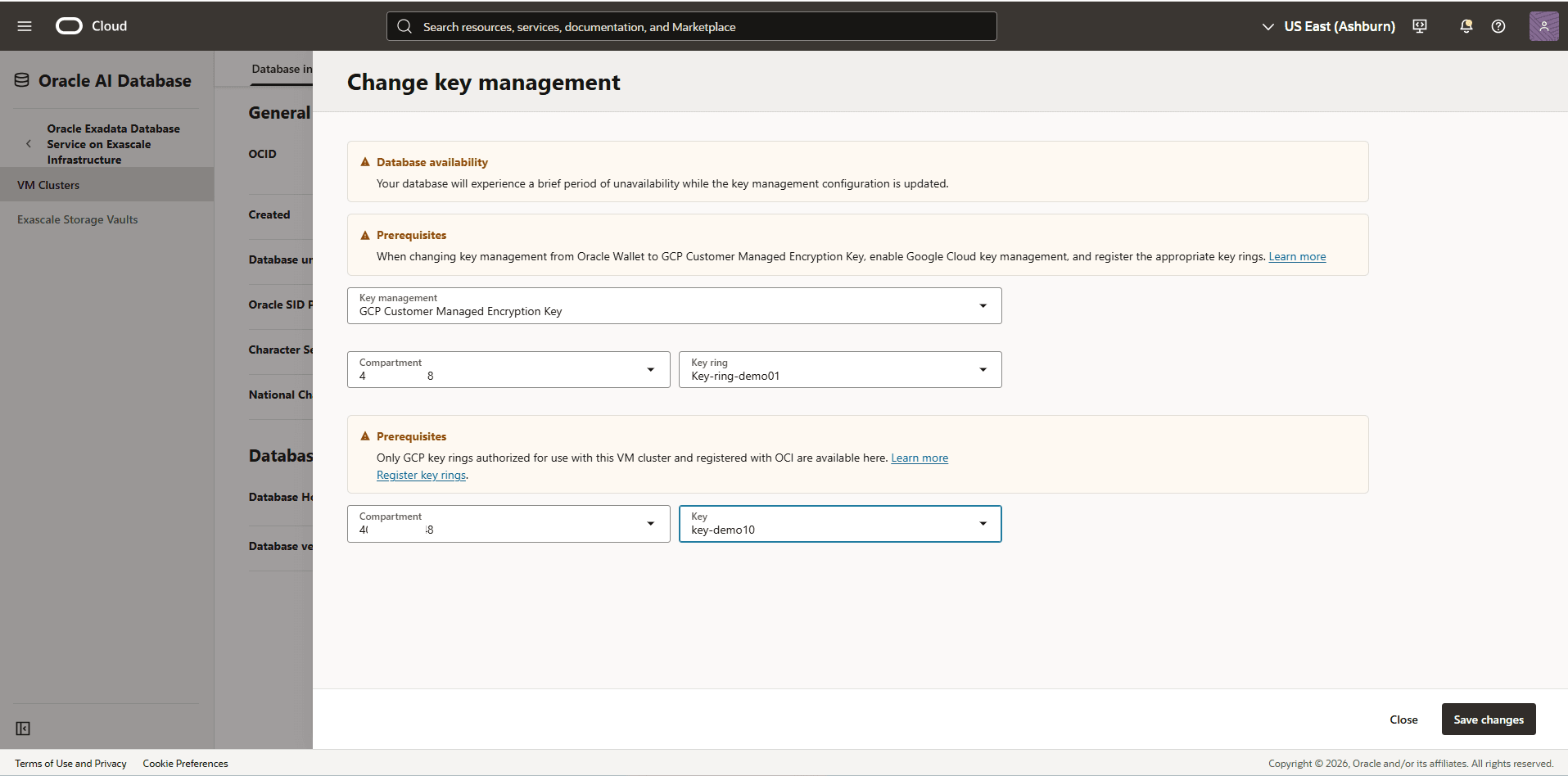 This screenshot shows how to change key management.