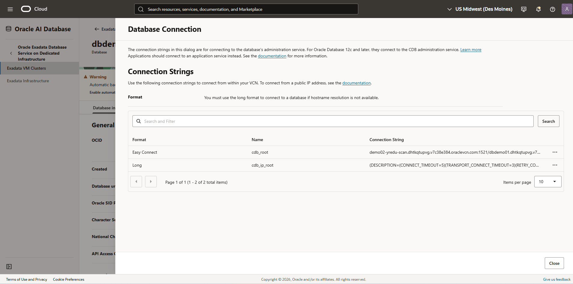 This screenshot shows connection strings.