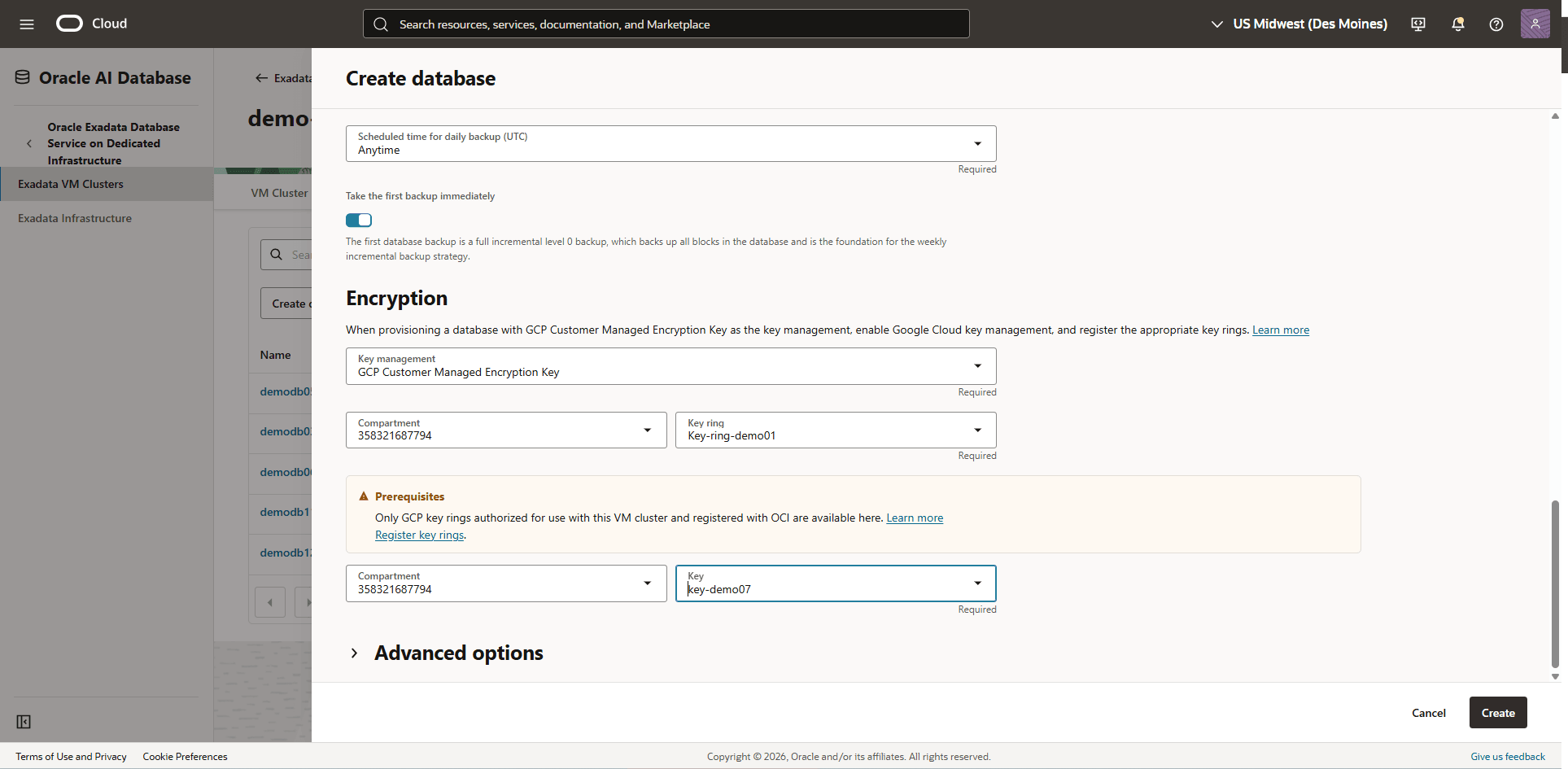 This screenshot shows how to create a dataabase and use GCP CMK.