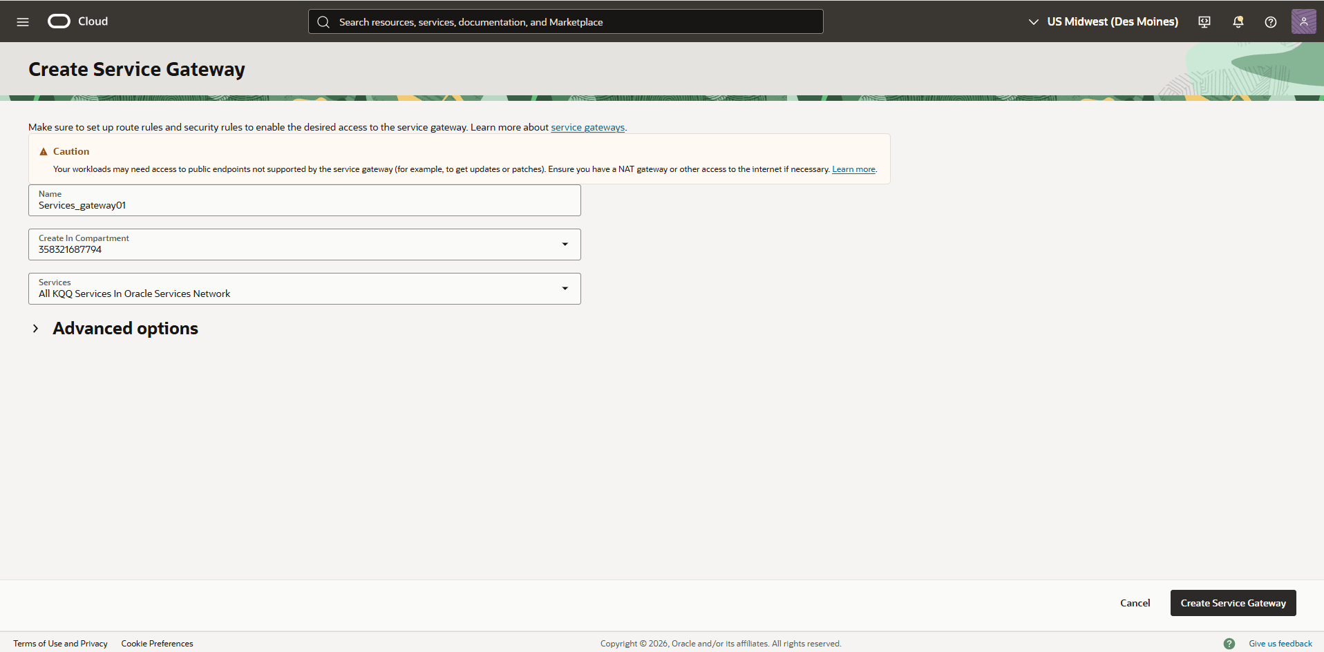 This screenshot shows how to create a service gateway.