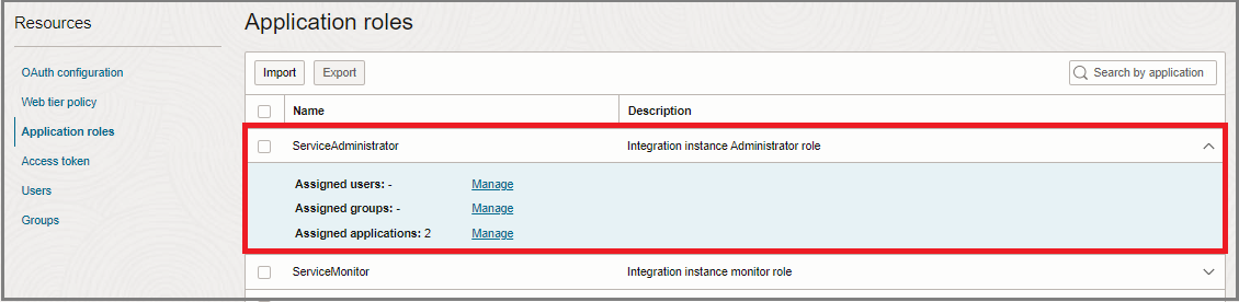 Applications roles management interface