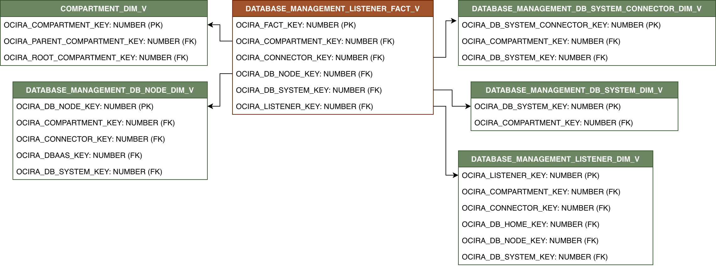 Relationship diagram with DATABASE_MANAGEMENT_LISTENER_FACT_V and its related dimension tables.