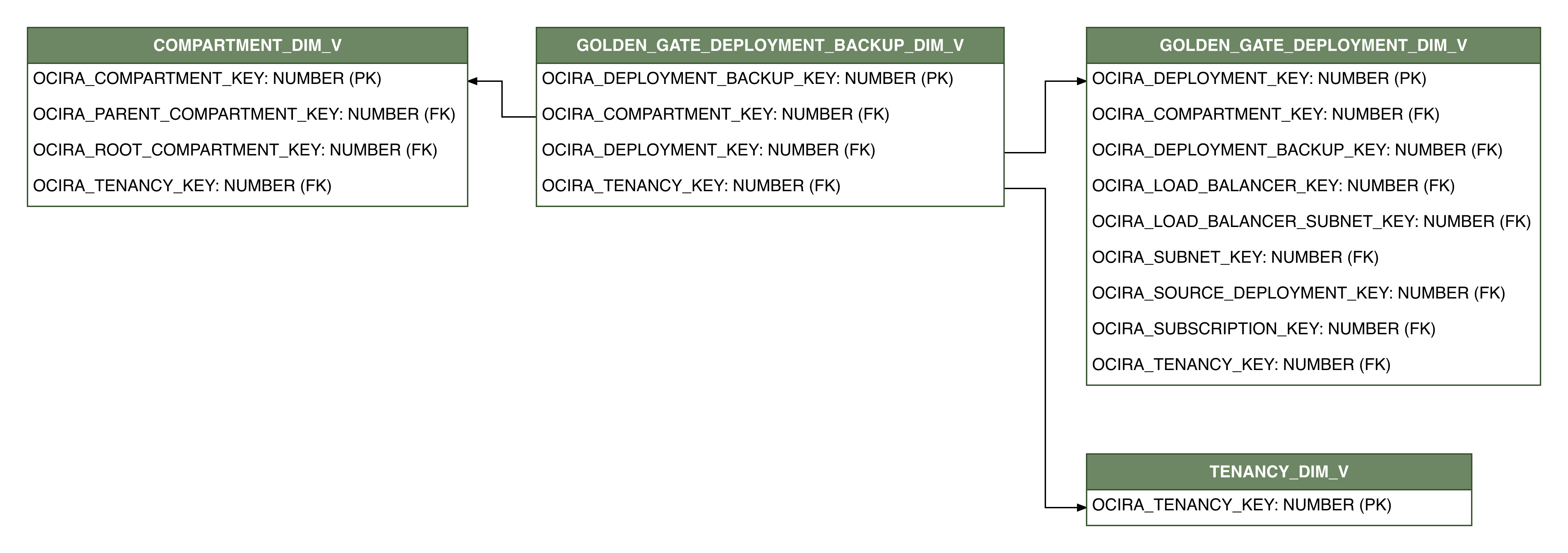 Relationship diagram showing the dimension table, GOLDEN_GATE_DEPLOYMENT_BACKUP_DIM_V.