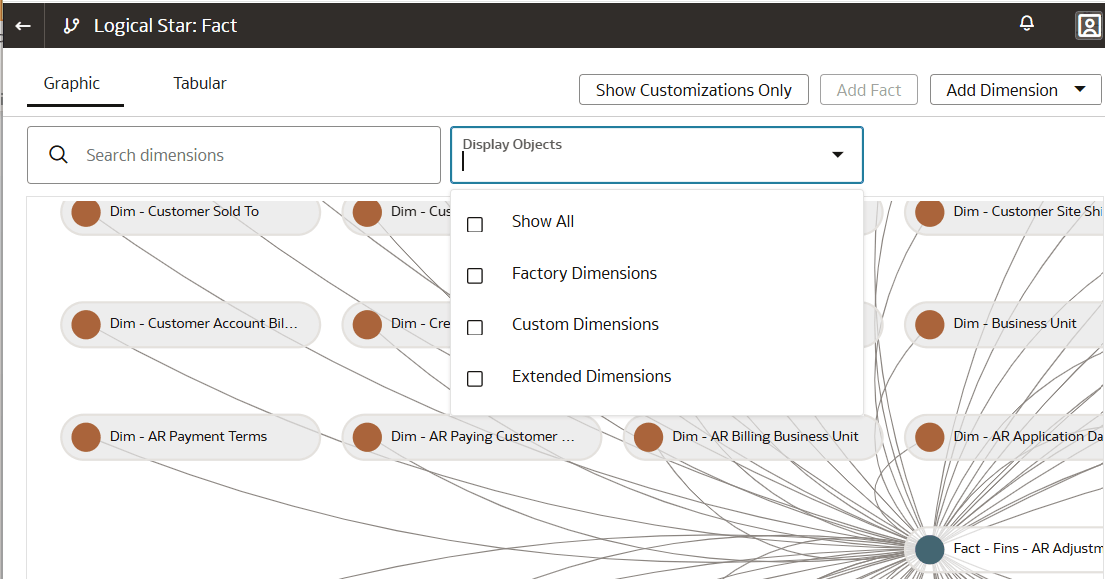 Logical Star: Fact page displaying the Show Customizations Only, search, and filter options, and Add Dimension option