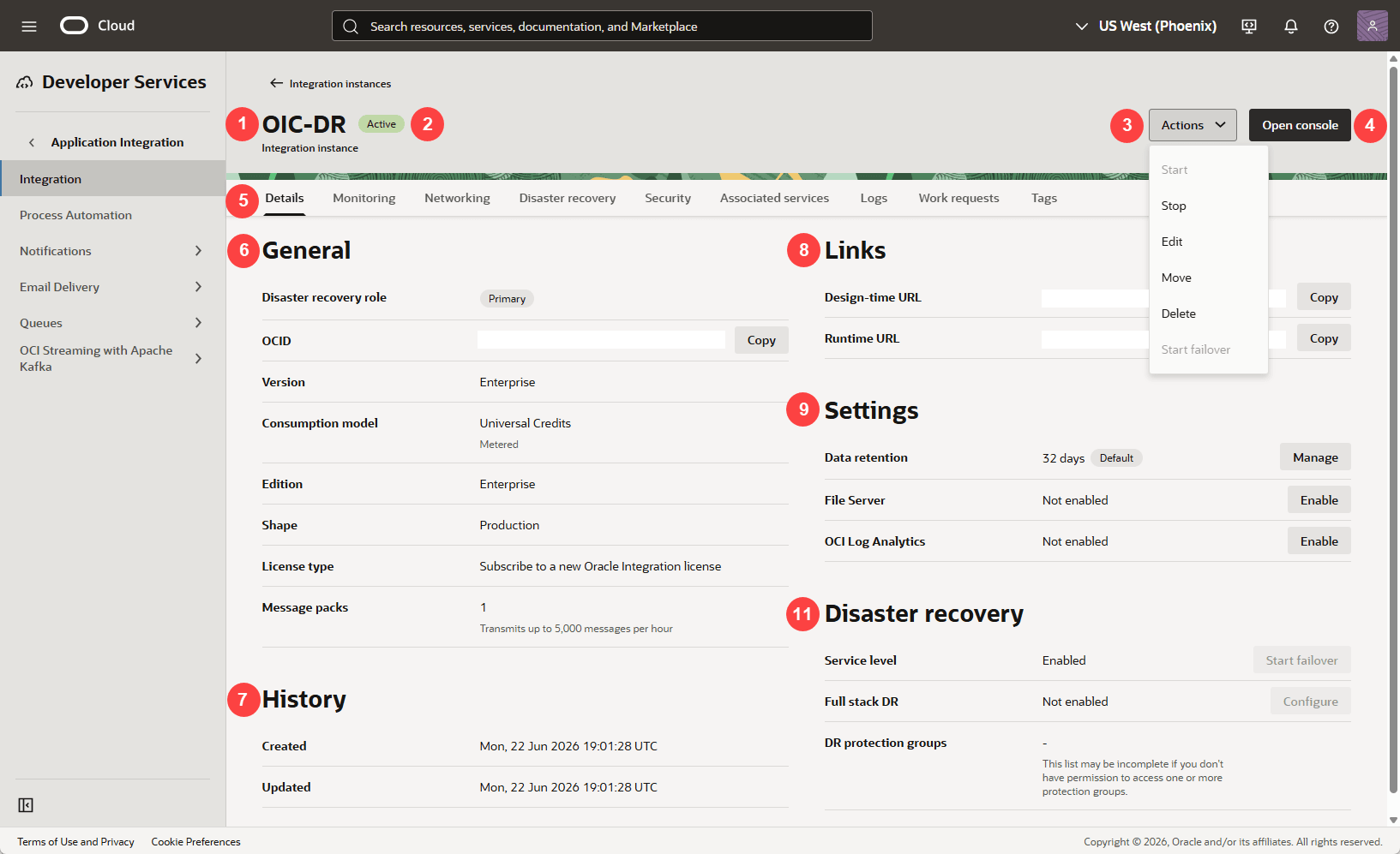 Oracle Cloud Console Integration instance details page with disaster recovery (described in table below)