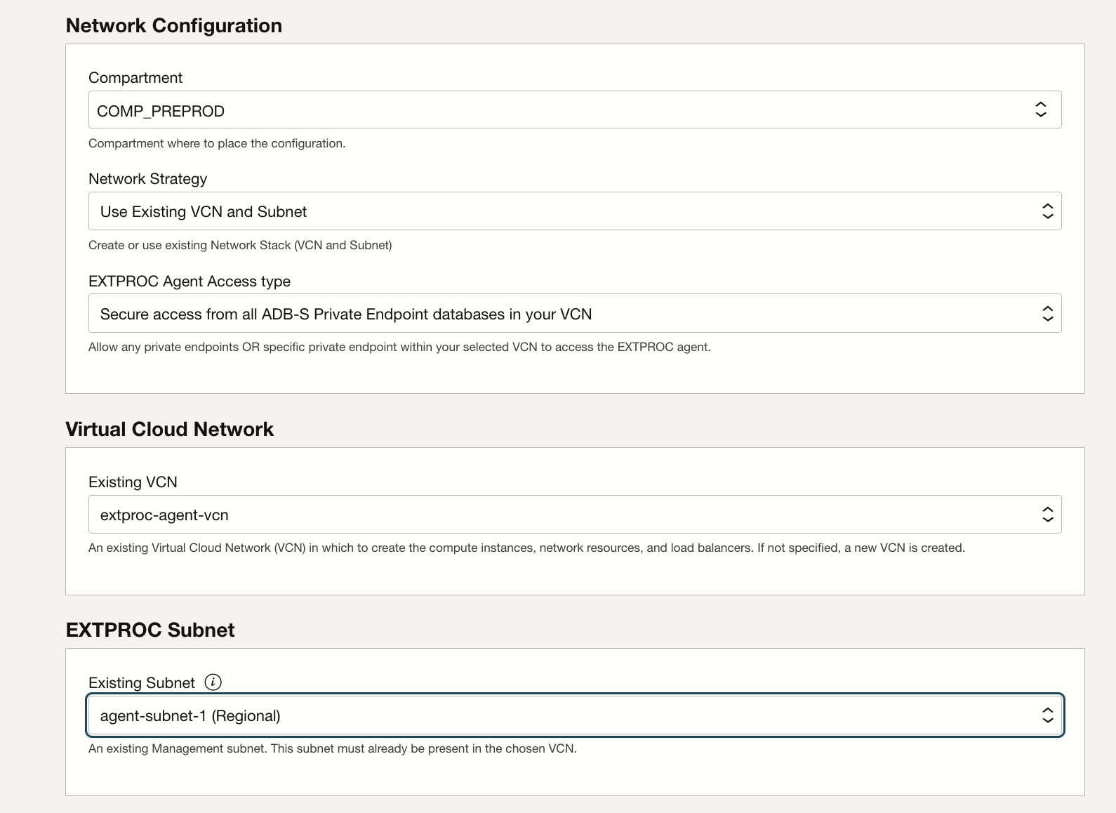 Description of adbs_extproc_network_configuration_existing_vcn.png follows