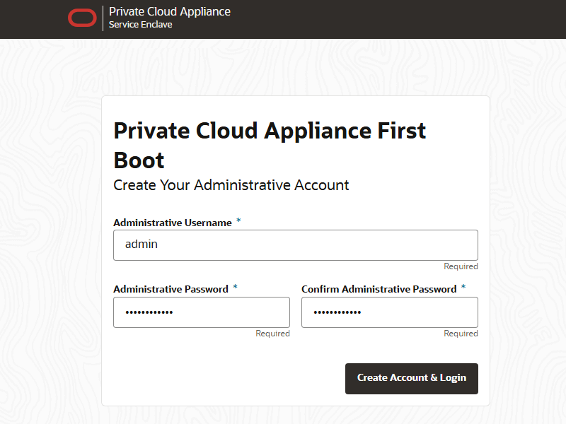 Figure showing the First Boot page, from where the primary administrative account is created.