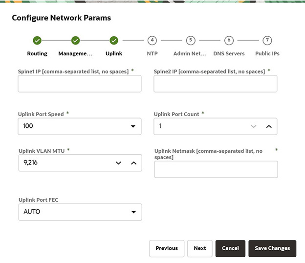 Figure showing the uplink parameters page of the Network Configuration wizard.