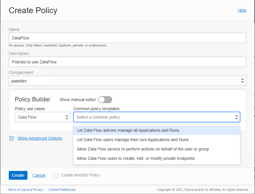 The policy builder in IAM with Data Flow selected and the policy templates listed.