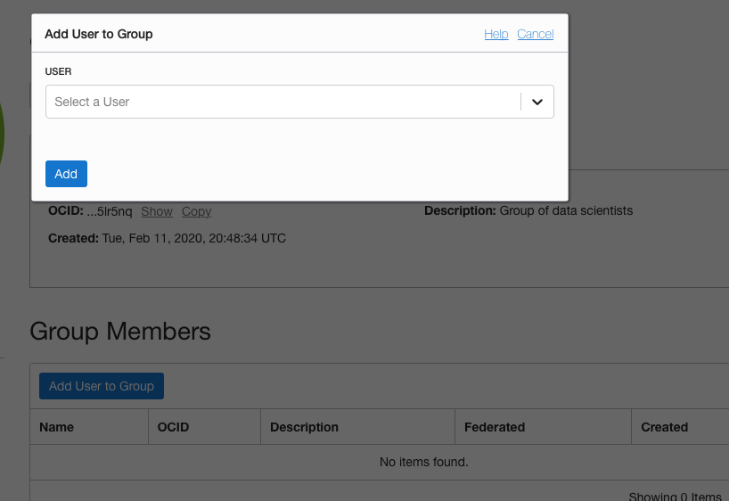 Add a user to a group dialog.